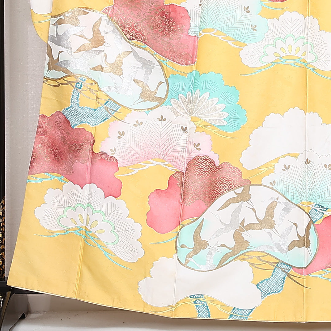 洗える着物 振袖 袷 身丈162cm 裄丈64cm ポリエステル Cランク フォーマル 広衿 Lサイズ 鶴 松 黄系 LP 1215-06803