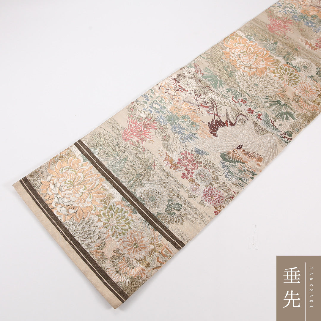 アンティーク 丸帯 帯丈392cm 正絹 全通 鶴 菊 クリーム系 1242-02570