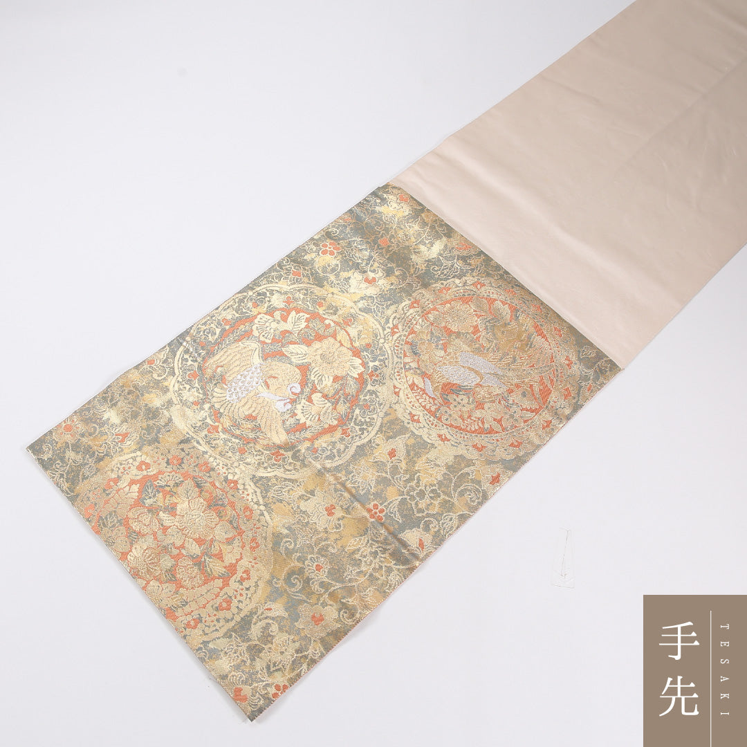 宝相華 袋帯 帯丈432cm 正絹 六通 フォーマル 尾長鳥 クリーム系 緑系 1243-02615
