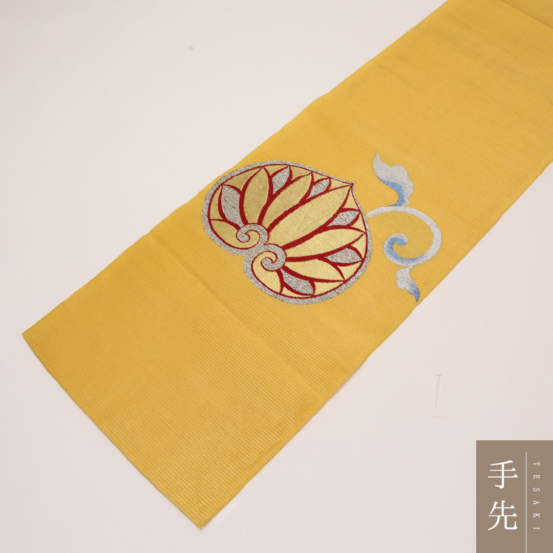 アンティーク 夏物 本袋帯 帯丈424cm 正絹 ポイント柄 帯芯なし 唐華 黄系 1243-02430