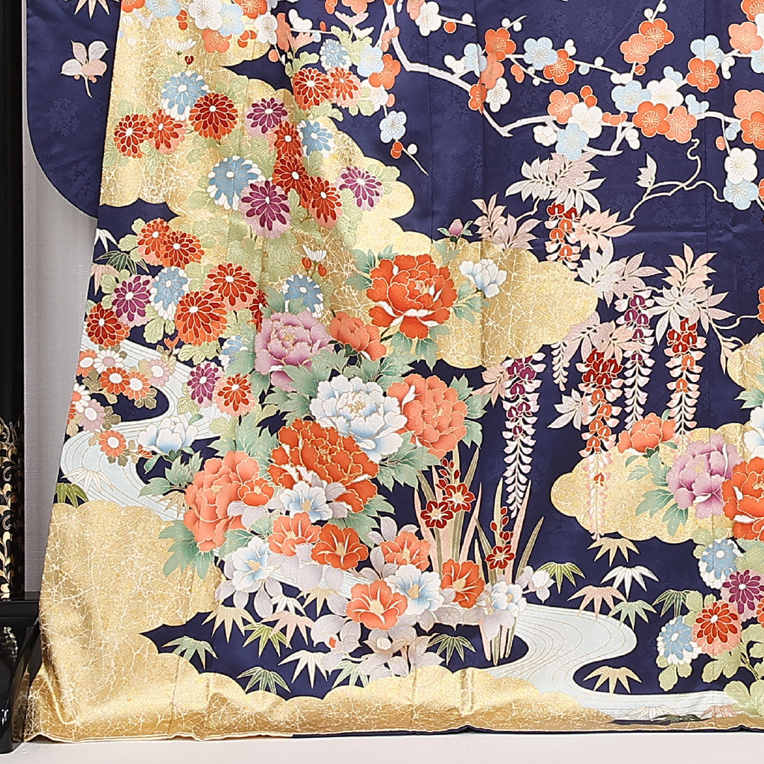 振袖 袷 身丈173cm 裄丈69cm 正絹 Sランク フォーマル 広衿 2XLサイズ 金彩 刺繍 エ霞 花柄 流水 紺系 RP 1215-06780