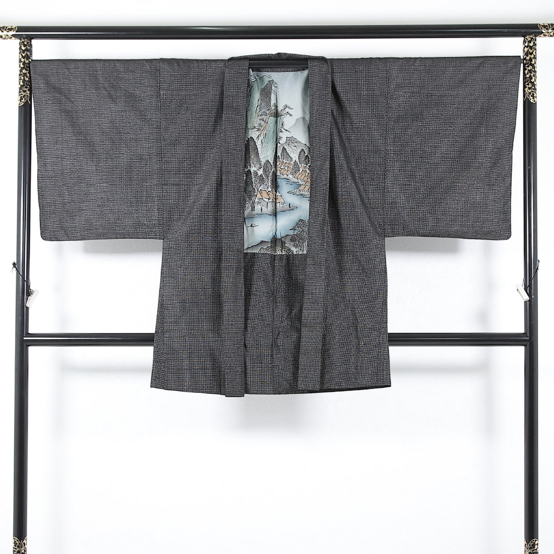アンサンブル 男着物 (紬) 袷 身丈145cm 裄丈70cm 正絹 Cランク インフォーマル 棒衿 Mサイズ 亀甲 茶系 RP 1224-17363