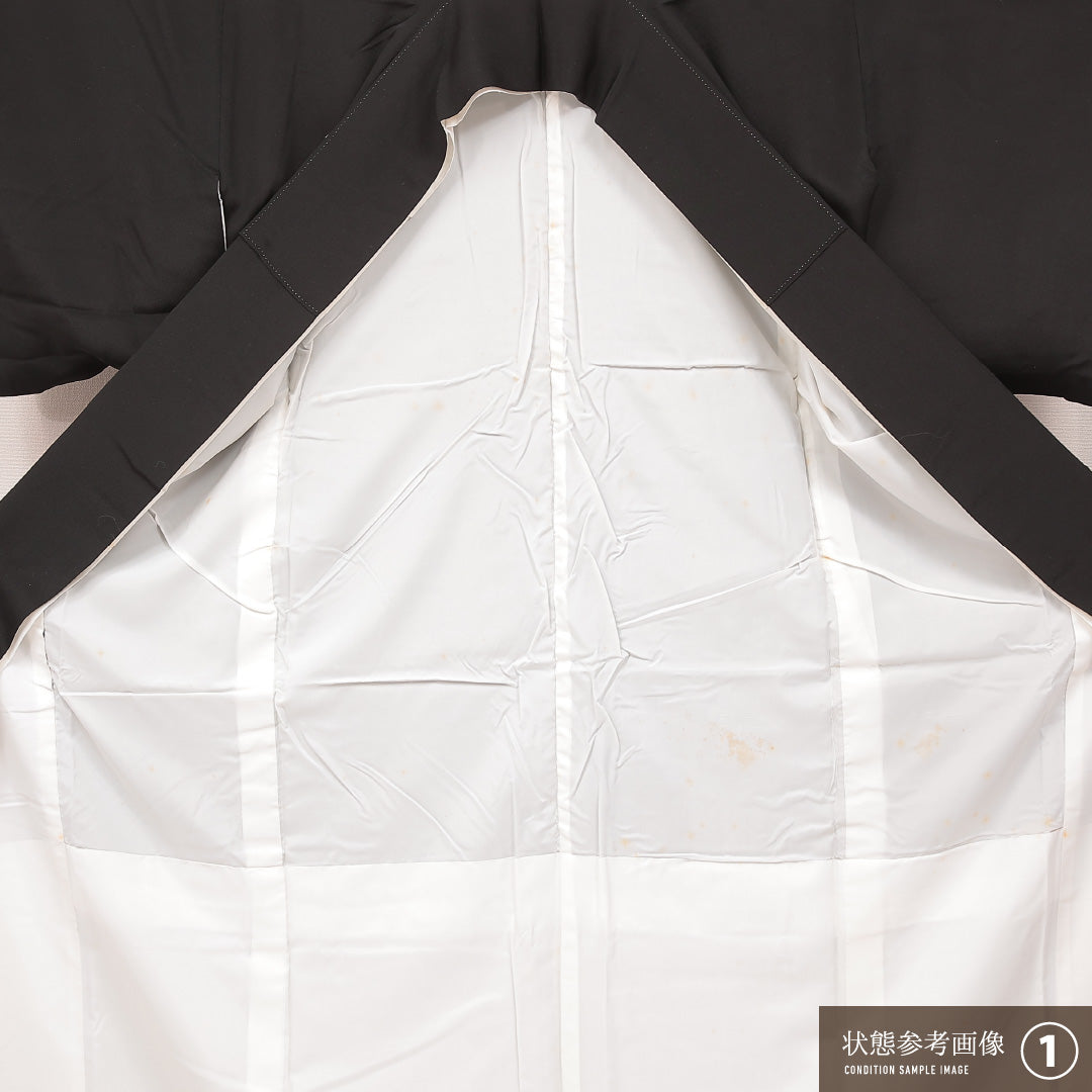 黒留袖 袷 身丈160cm 裄丈61cm 正絹 Aランク 五つ紋 (五三桐) フォーマル 広衿 Lサイズ 金彩 比翼 扇面文 茶屋辻 黒系 RP 1213-07107