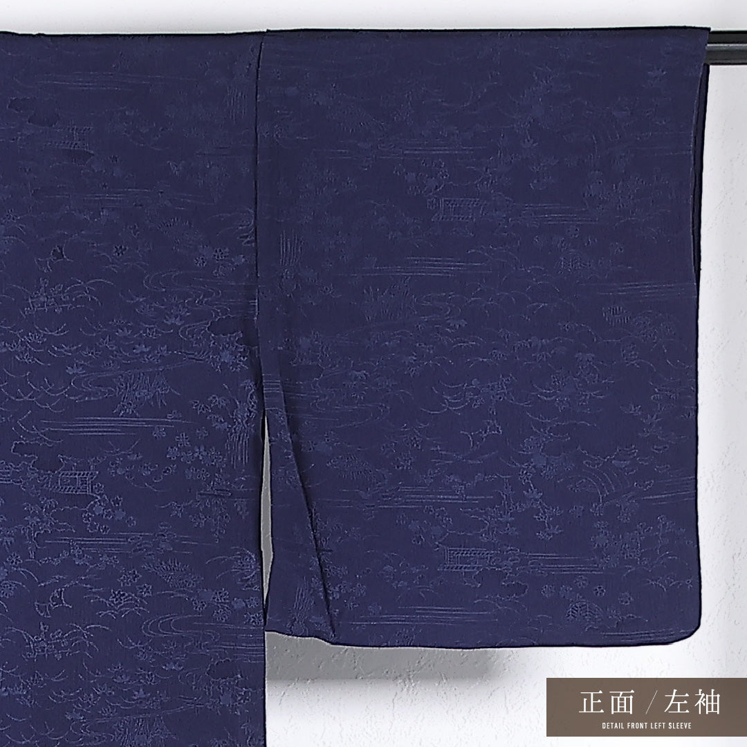 色無地 単衣 身丈146cm 裄丈62cm 正絹 Cランク 一つ紋 (五三桐) 紋意匠 (古典柄) セミフォーマル バチ衿 XLサイズ 紺系 RP 1219-17339