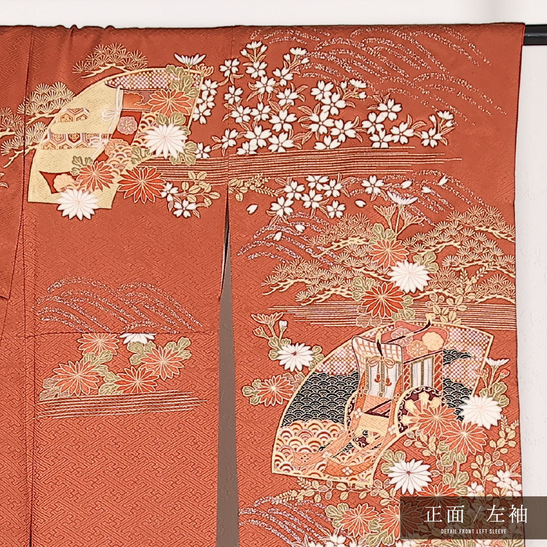 振袖 袷 身丈168cm 裄丈66cm 正絹 Sランク フォーマル 広衿 Lサイズ 金彩 金駒刺繍 御所車 赤系 RP 1215-17394