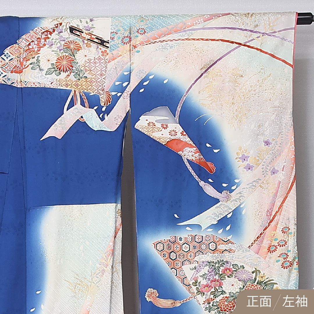 振袖 袷 身丈164cm 裄丈67cm 正絹 Sランク フォーマル 広衿 Lサイズ 刺繍 扇 菊 青系 RP 1215-06713
