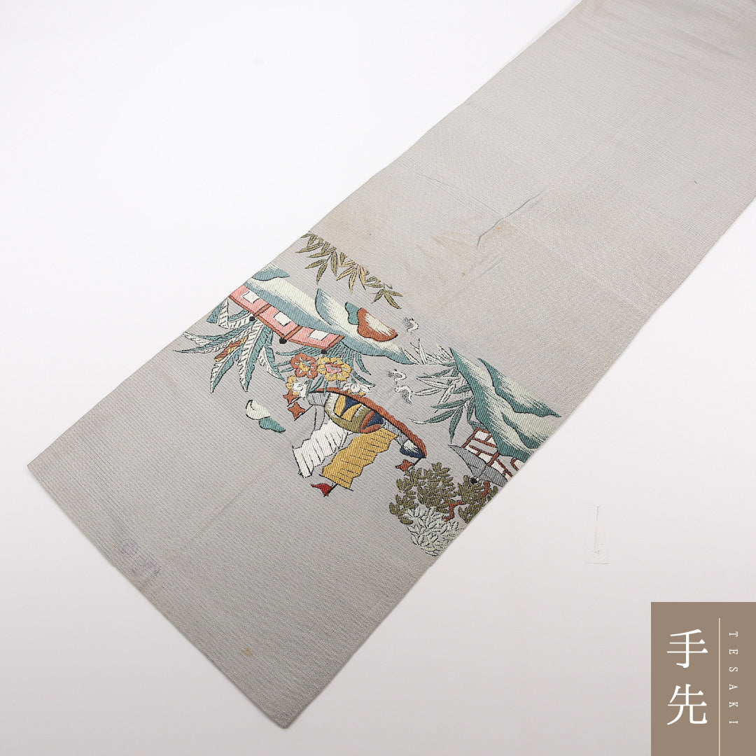 アンティーク 夏物 袋帯 帯丈400cm 正絹 六通 京洛百景 グレー系 1243-02511