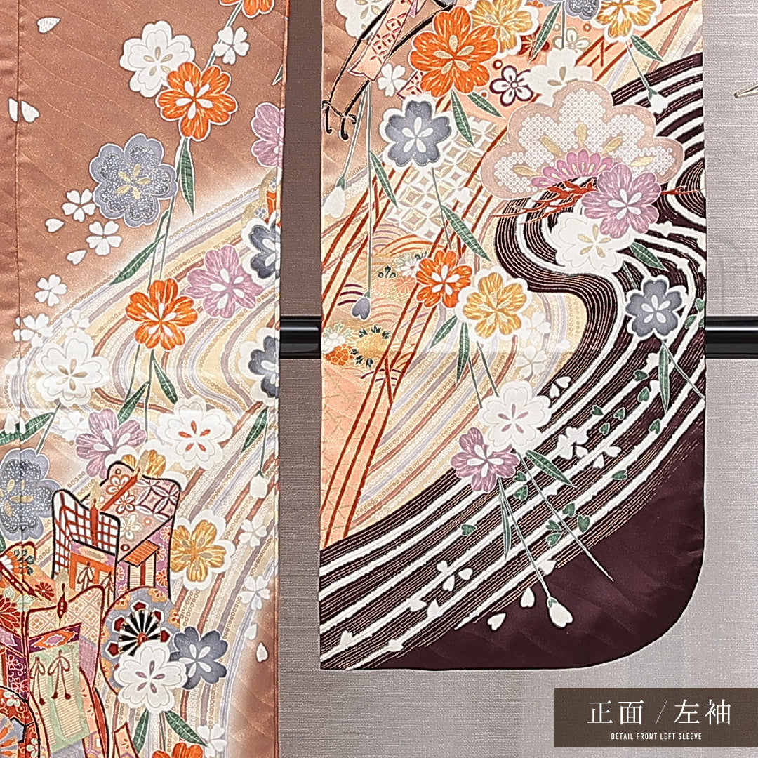 振袖 袷 身丈166cm 裄丈65cm 正絹 Sランク フォーマル 広衿 XLサイズ 御所車 菊 茶系 RP 1215-06979