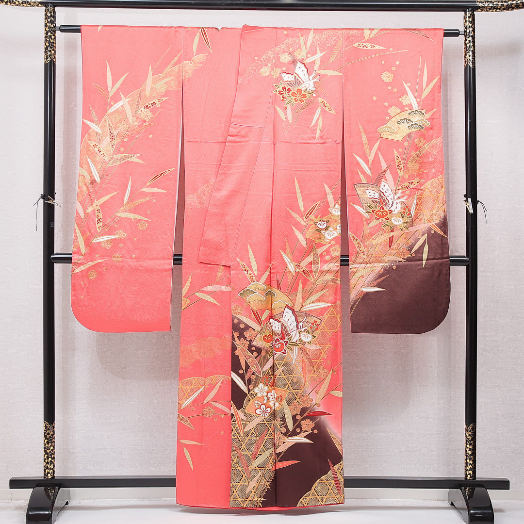 振袖 袷 身丈160cm 裄丈64cm 正絹 Sランク フォーマル 広衿 Lサイズ 蝶 光悦垣 ピンク系 RP 1215-07048