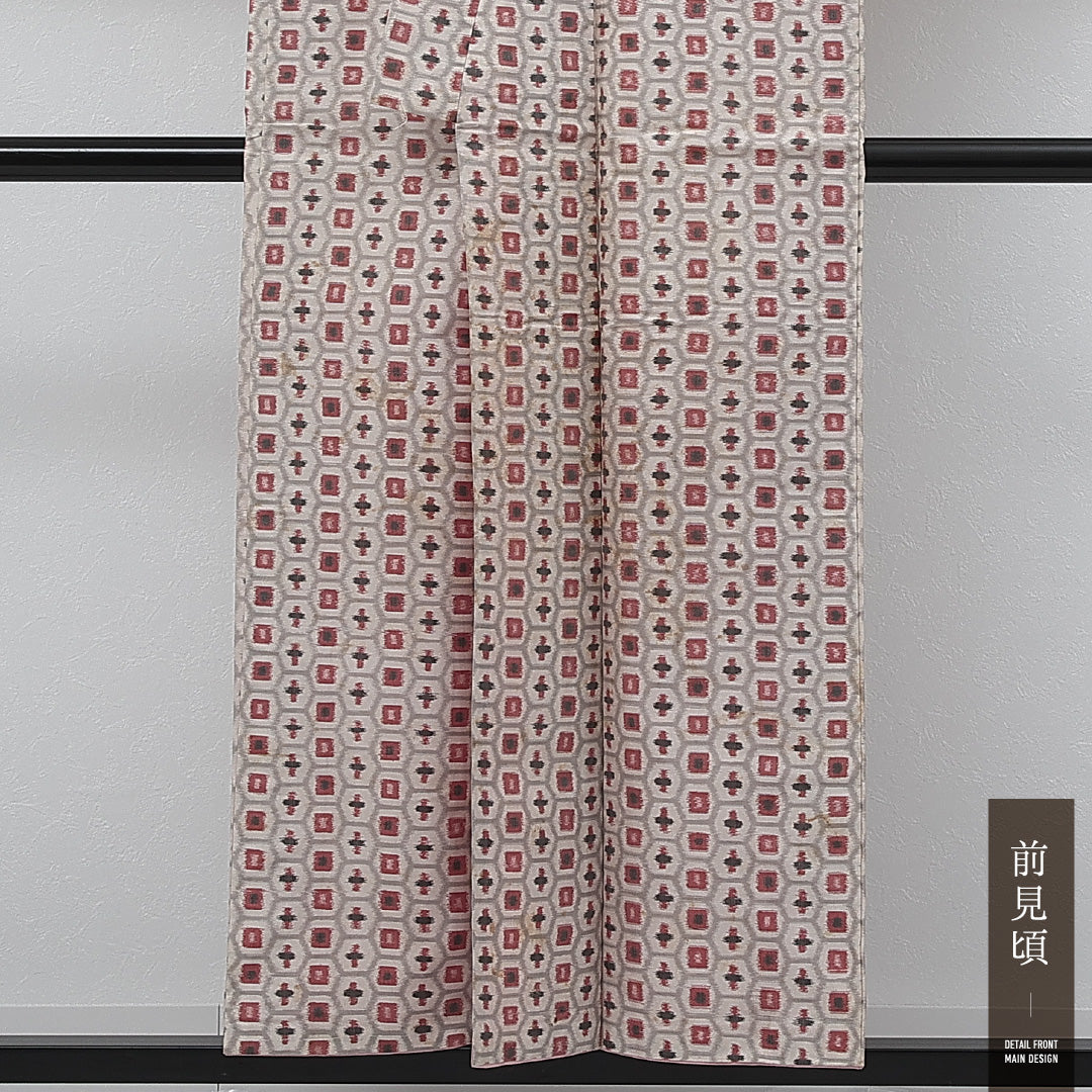 アンティーク 銘仙の着物 袷 身丈152cm 裄丈63cm 正絹 Cランク バチ衿 Lサイズ 亀甲 クリーム系 RP 1223-17281