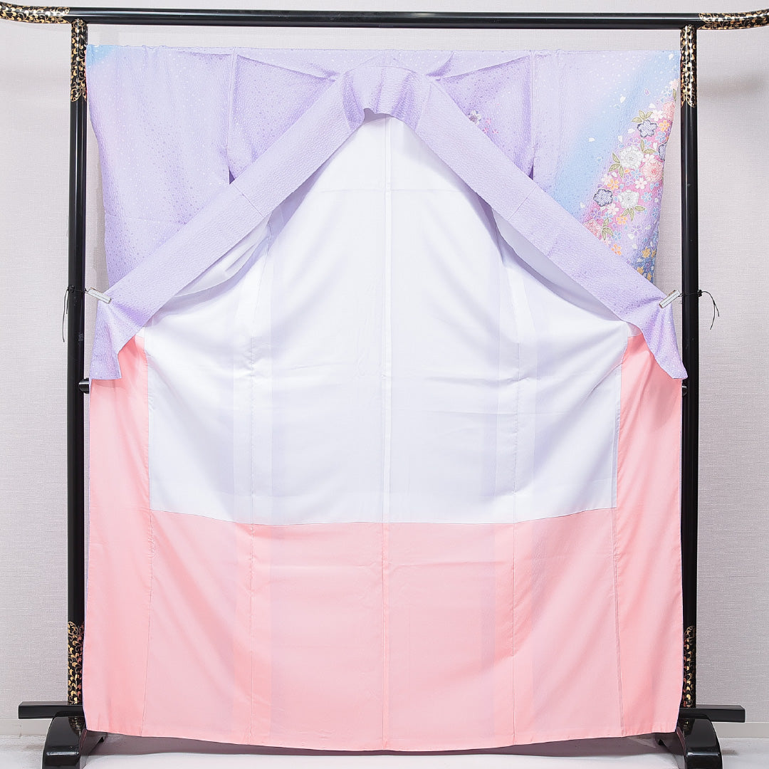 洗える着物 小振袖 袷 身丈170cm 裄丈68cm ポリエステル Sランク セミフォーマル 広衿 2XLサイズ 桜 紫系 RP 1216-07034