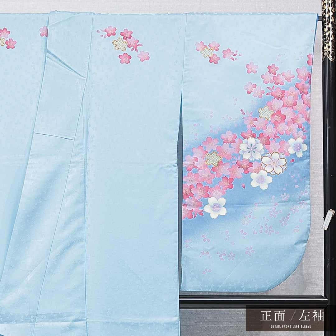 洗える着物 小振袖 袷 身丈169cm 裄丈67cm ポリエステル Cランク セミフォーマル 広衿 XLサイズ 桜 水色系 LP 1216-07031