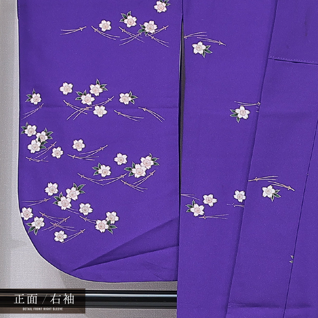 洗える着物 小振袖 袷 身丈165cm 裄丈66cm ポリエステル Cランク セミフォーマル 広衿 XLサイズ 桜 松葉 紫系 LP 1216-07075