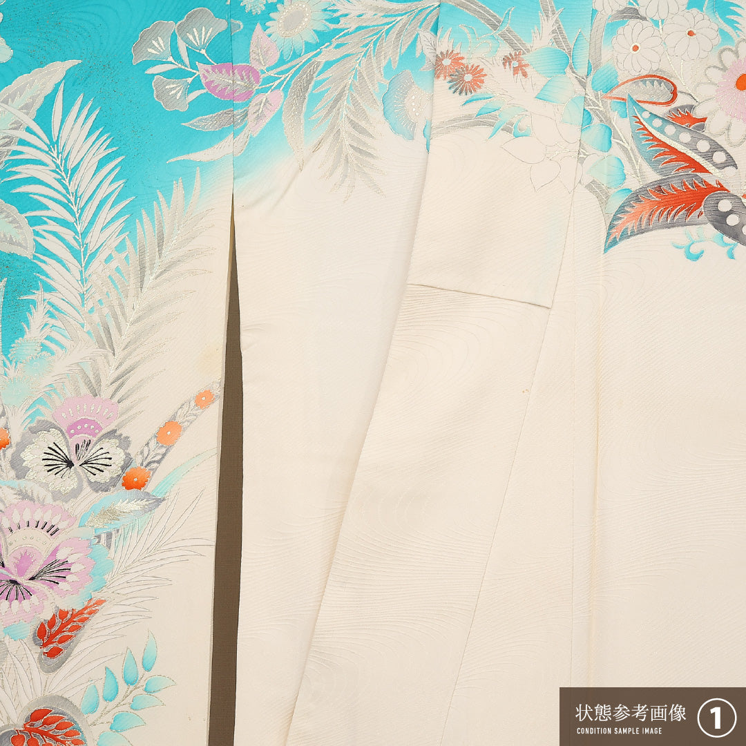 洗える着物 振袖 袷 身丈163cm 裄丈64cm ポリエステル Bランク フォーマル 広衿 Lサイズ 刺繍 孔雀 水色系 RP 1215-06804