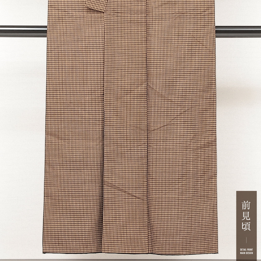 アンティーク 紬 袷 身丈142cm 裄丈62cm 正絹 Cランク バチ衿 XSサイズ 格子 茶系 RP 1223-17207