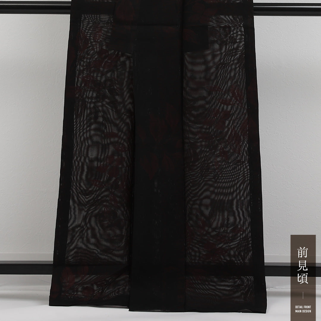夏物 小紋 二重紗 身丈164cm 裄丈63cm 正絹 Sランク インフォーマル バチ衿 XSサイズ 植物柄 黒系 RP 1221-17312