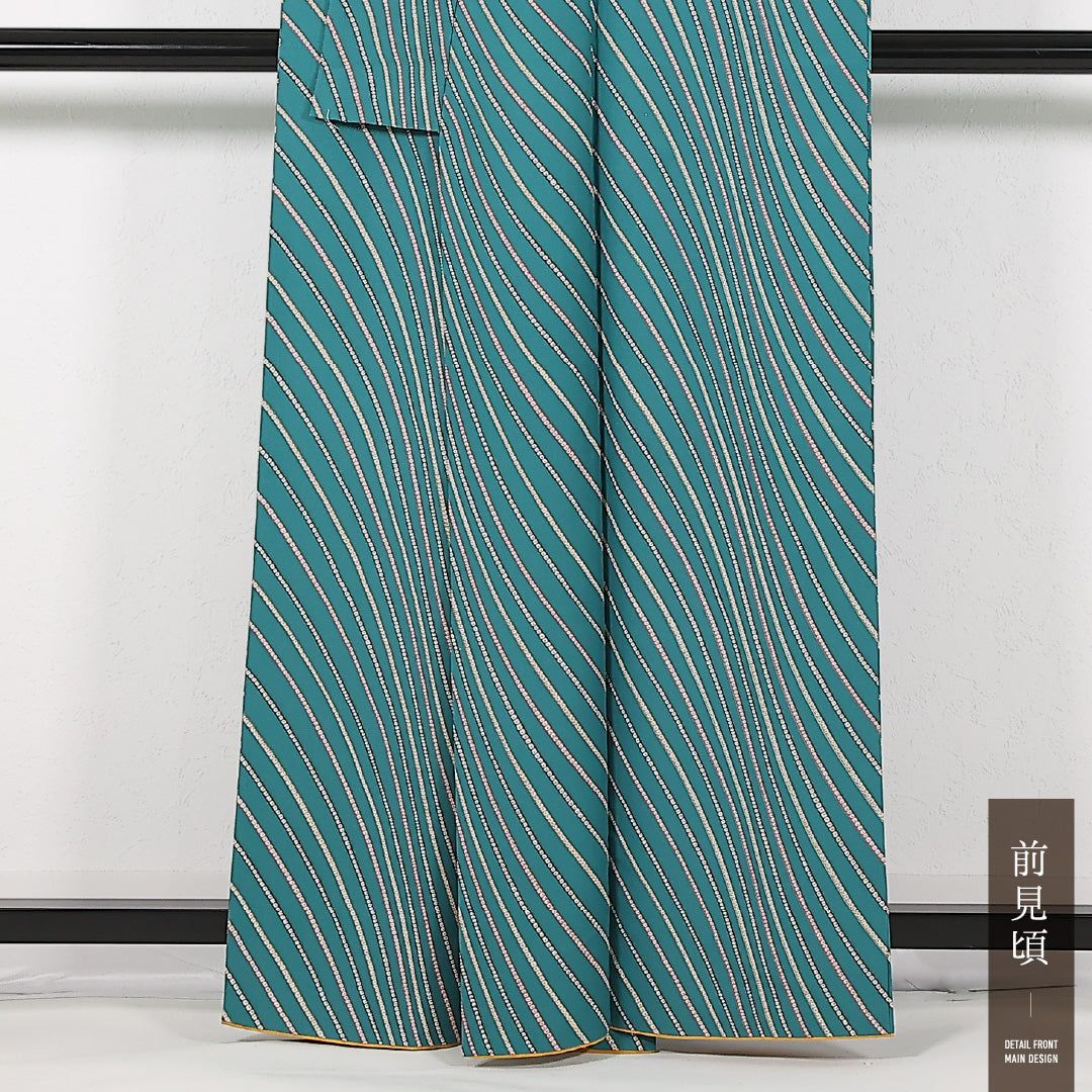 洗える着物 小紋 袷 身丈161cm 裄丈67cm ポリエステル Sランク インフォーマル 広衿 Mサイズ 創作柄 緑系 RP 1221-17455