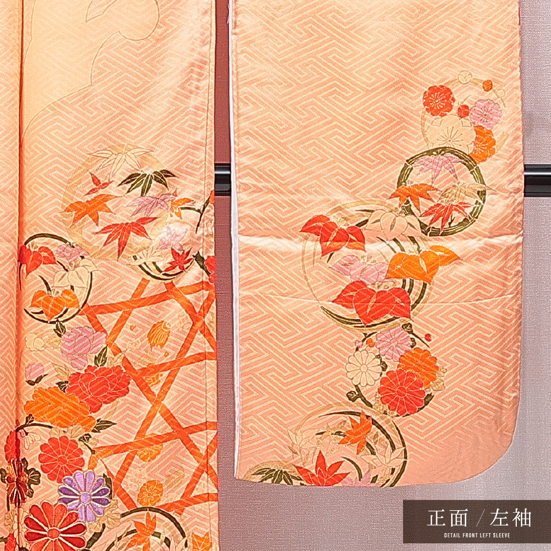 振袖 袷 身丈165cm 裄丈67cm 正絹 Cランク フォーマル 広衿 XLサイズ 光悦垣 丸文 朱系 LP 1215-07045