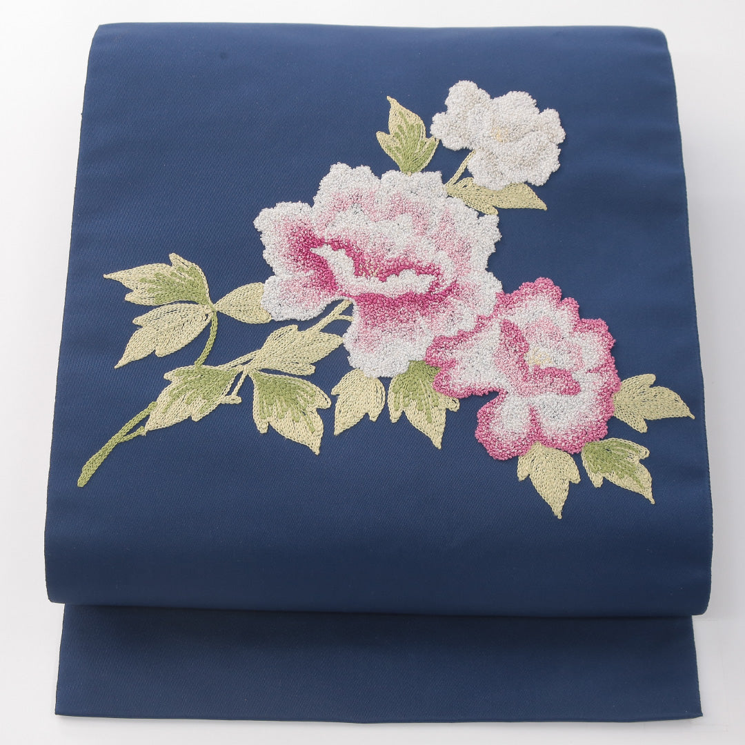 九寸名古屋帯 帯丈360cm 正絹 ポイント柄 名古屋仕立て 織り カジュアル 刺繍 花鳥文 牡丹 04289 花鳥文 牡丹 紺系 RP 1245-04289