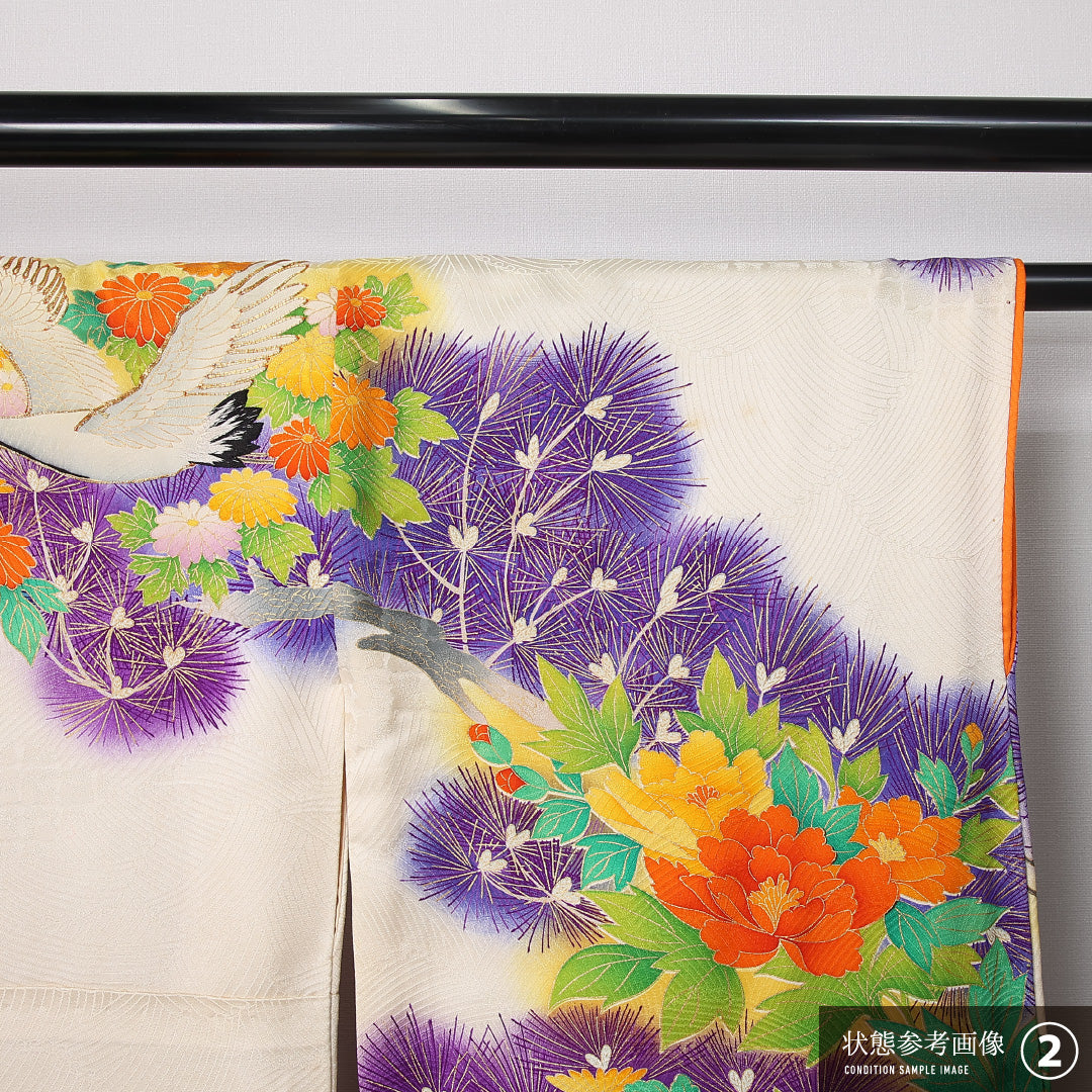 振袖 袷 身丈164cm 裄丈66cm 正絹 Bランク フォーマル 広衿 Lサイズ 鶴 菊 松 クリーム系 RP 1215-06739
