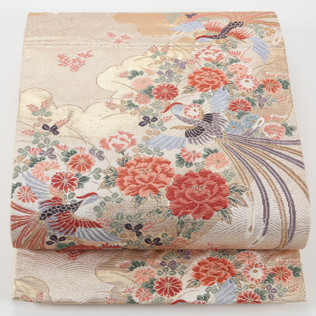 尾長鳥 袋帯 帯丈428cm 正絹 六通 フォーマル クリーム系 白系 1243-02582