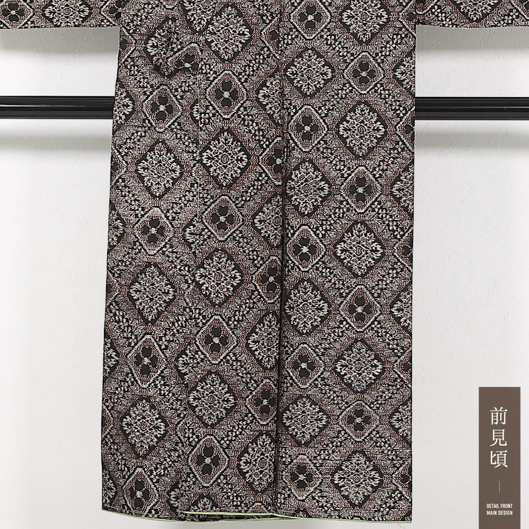 アンティーク 大島紬 袷 身丈144cm 裄丈60cm 正絹 Aランク バチ衿 XSサイズ 花菱 茶系 RP 1223-17417
