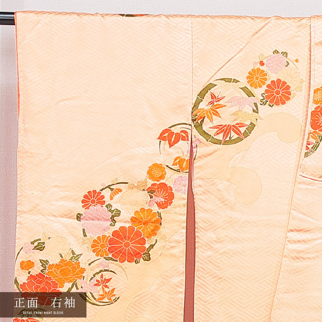 振袖 袷 身丈165cm 裄丈67cm 正絹 Cランク フォーマル 広衿 XLサイズ 光悦垣 丸文 朱系 LP 1215-07045