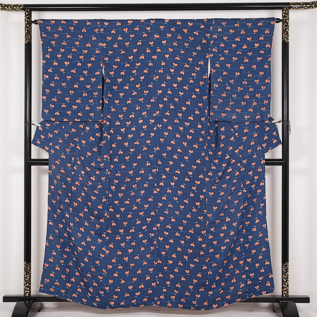 アンティーク 小紋 袷 身丈158cm 裄丈63cm 正絹 Aランク 広衿 Mサイズ 花柄 紺系 RP 1221-17534
