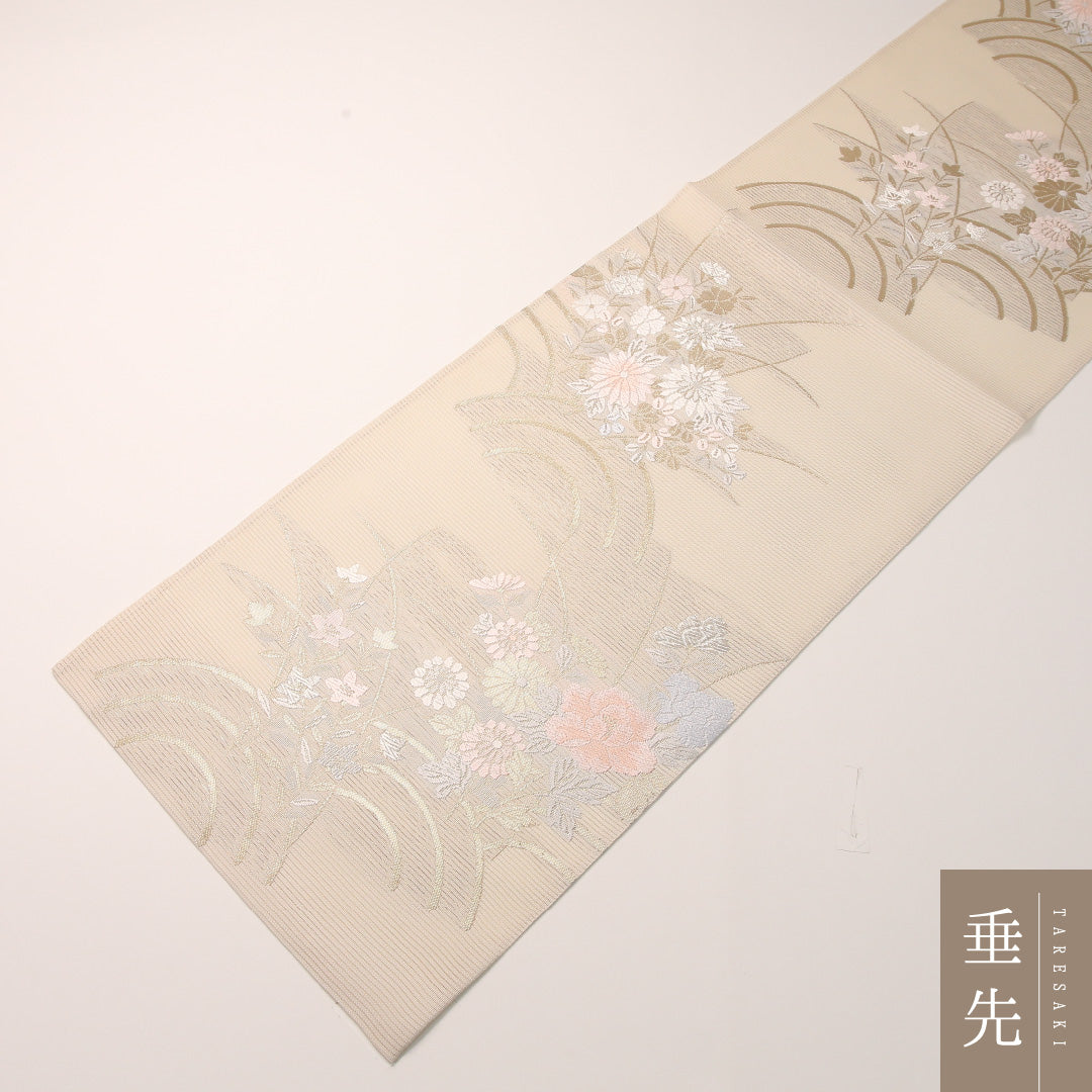 夏物 袋帯 帯丈444cm 正絹 六通 インフォーマル 菊 クリーム系 1243-02457