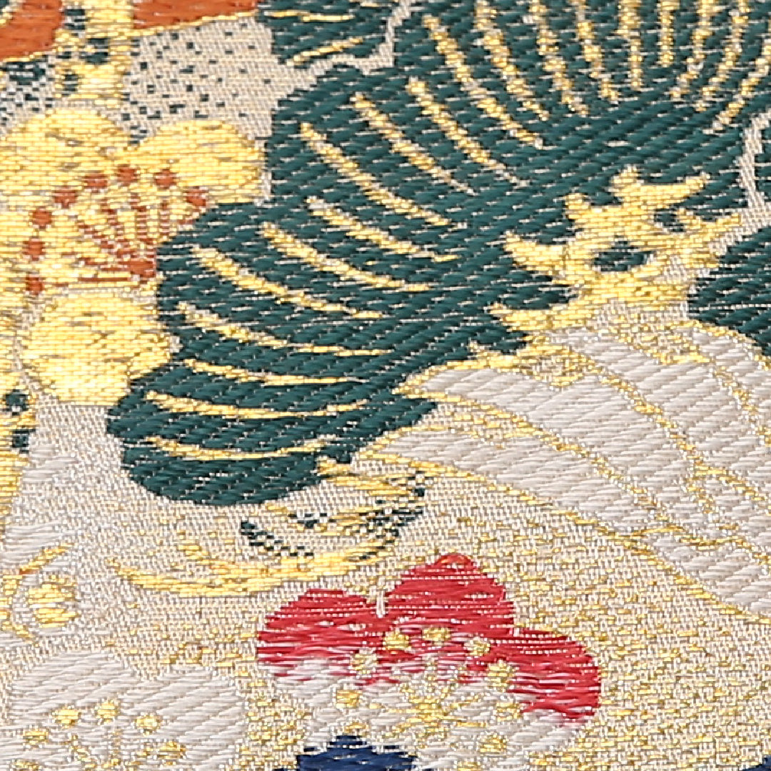 アンティーク 丸帯 帯丈388cm 正絹 全通 扇面文 菊 松 ベージュ系 1242-02566
