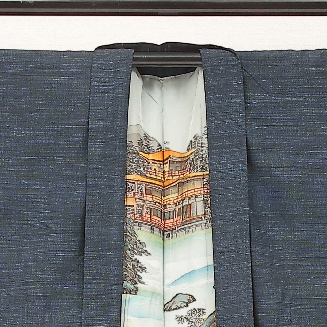 羽織 男性用 (紬) 袷 身丈89cm 裄丈70cm 正絹 Aランク カジュアル Lサイズ 無地 青系 RP 1235-17223