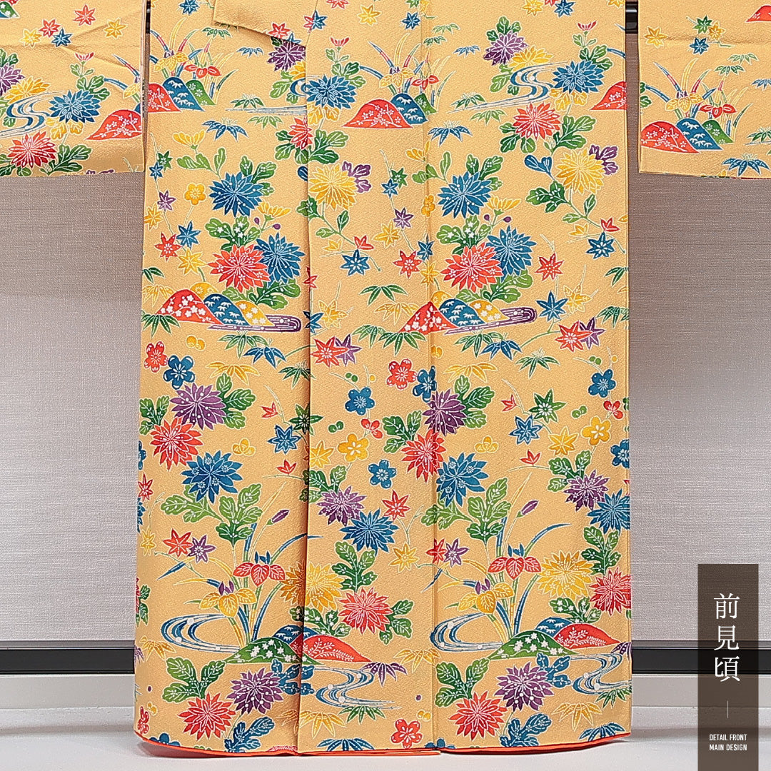 洗える着物 振袖 袷 身丈160cm 裄丈64cm ポリエステル Cランク フォーマル 広衿 Lサイズ 菊 紅葉 黄系 HP 1215-06990