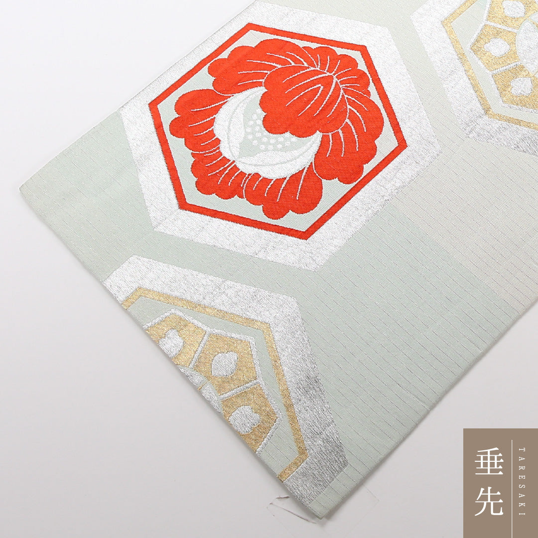 アンティーク 夏物 袋帯 帯丈406cm 正絹 六通 亀甲 グレー系 水色系 1243-02465