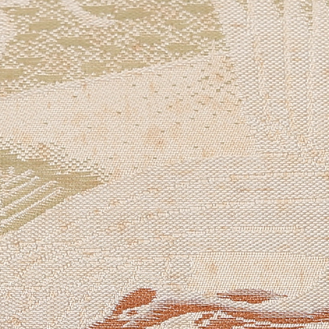 アンティーク 丸帯 帯丈380cm 正絹 全通 鶴 菊 ベージュ系 1242-02571