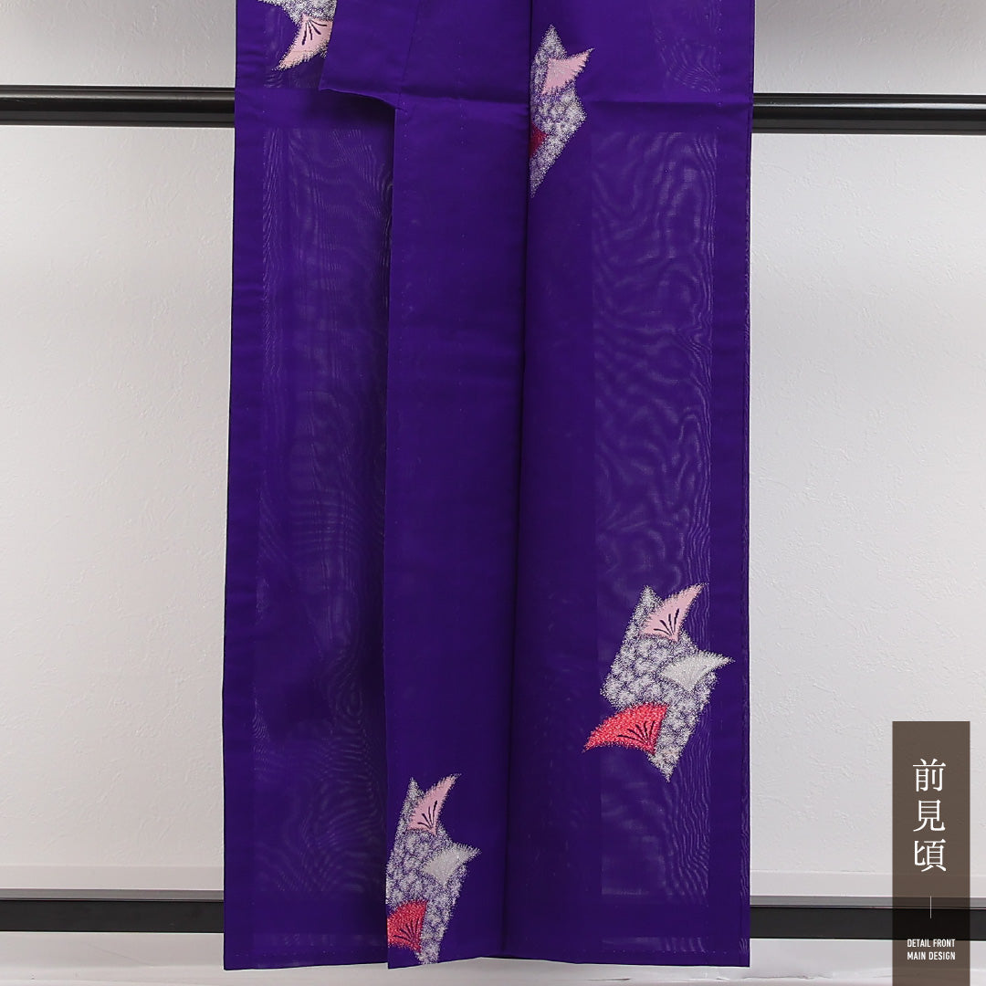 アンティーク 夏物 小紋 身丈154cm 裄丈64cm 正絹 Aランク バチ衿 XSサイズ 漆糸 扇 青系 M4 1221-17334