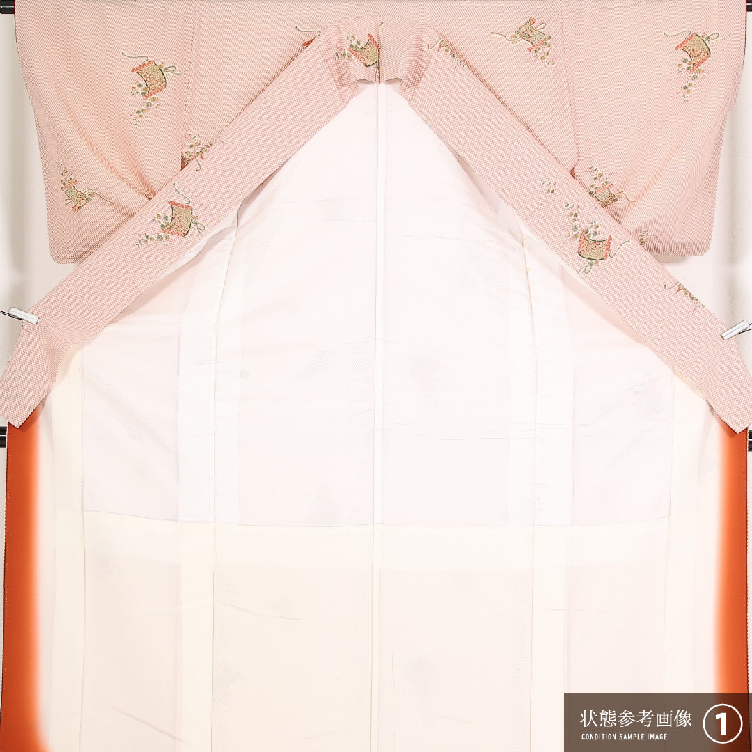 洗える着物 小紋 袷 身丈160cm 裄丈64cm ポリエステル Sランク インフォーマル 広衿 XLサイズ 巻物 赤系 RP 1221-17549