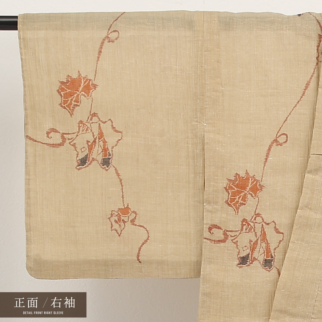 夏物 洗える着物 麻の紬 身丈153cm 裄丈62cm 麻 Cランク カジュアル バチ衿 Sサイズ 蔦 ベージュ系 RP 1223-17288