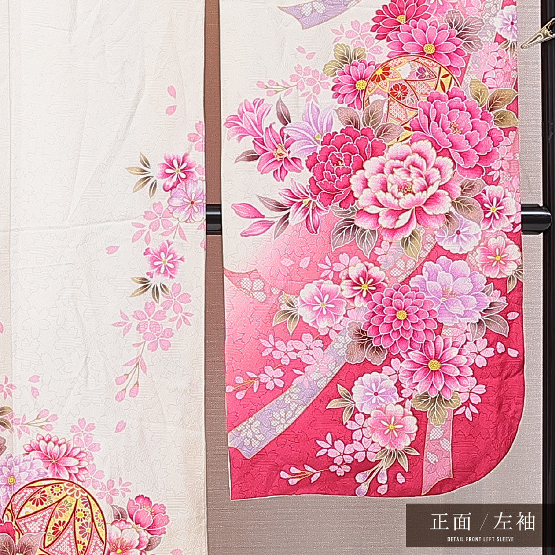 振袖 袷 身丈174cm 裄丈69cm 正絹 Sランク フォーマル 広衿 2XLサイズ ガード加工 毬 牡丹 白系 RP 1215-06986