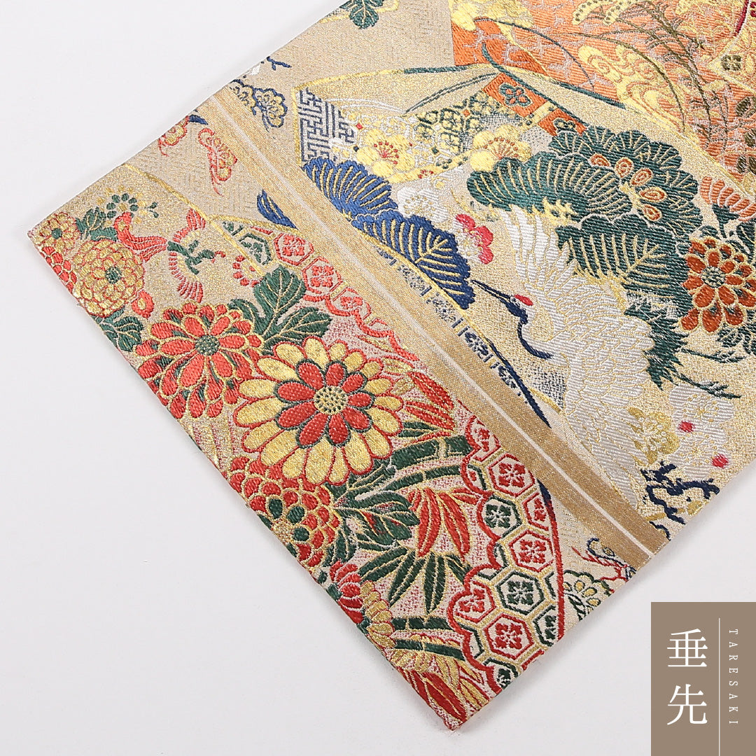 アンティーク 丸帯 帯丈388cm 正絹 全通 扇面文 菊 松 ベージュ系 1242-02566