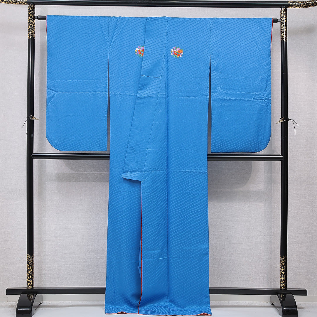 洗える着物 小振袖 袷 身丈172cm 裄丈67cm ポリエステル Sランク セミフォーマル 広衿 2XLサイズ 刺繍 牡丹 菊 青系 RP 1216-07054
