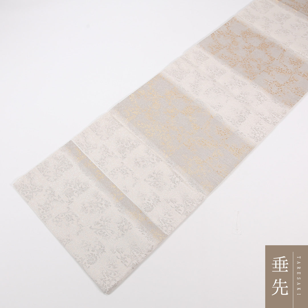 袋帯 帯丈436cm ポリエステル 六通 セミフォーマル 唐草 クリーム系 グレー系 1243-02551