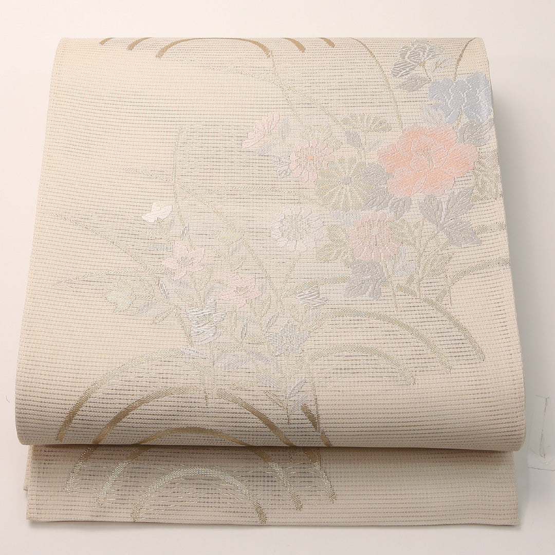 夏物 袋帯 帯丈444cm 正絹 六通 インフォーマル 菊 クリーム系 1243-02457
