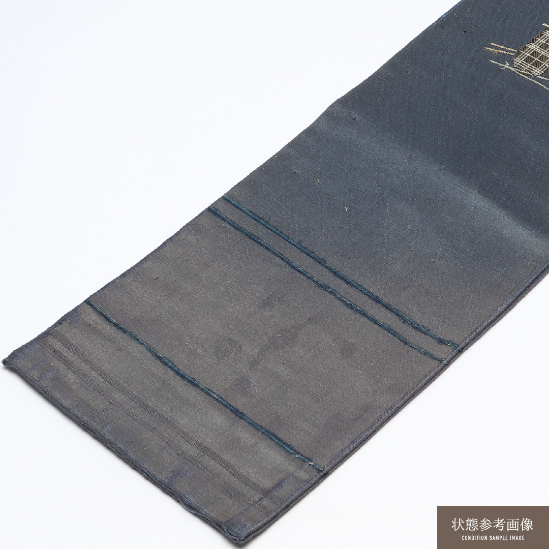 アンティーク 半幅帯 帯丈336cm 正絹 ポイント柄 小袋帯 家紋柄 紺系 1247-00648
