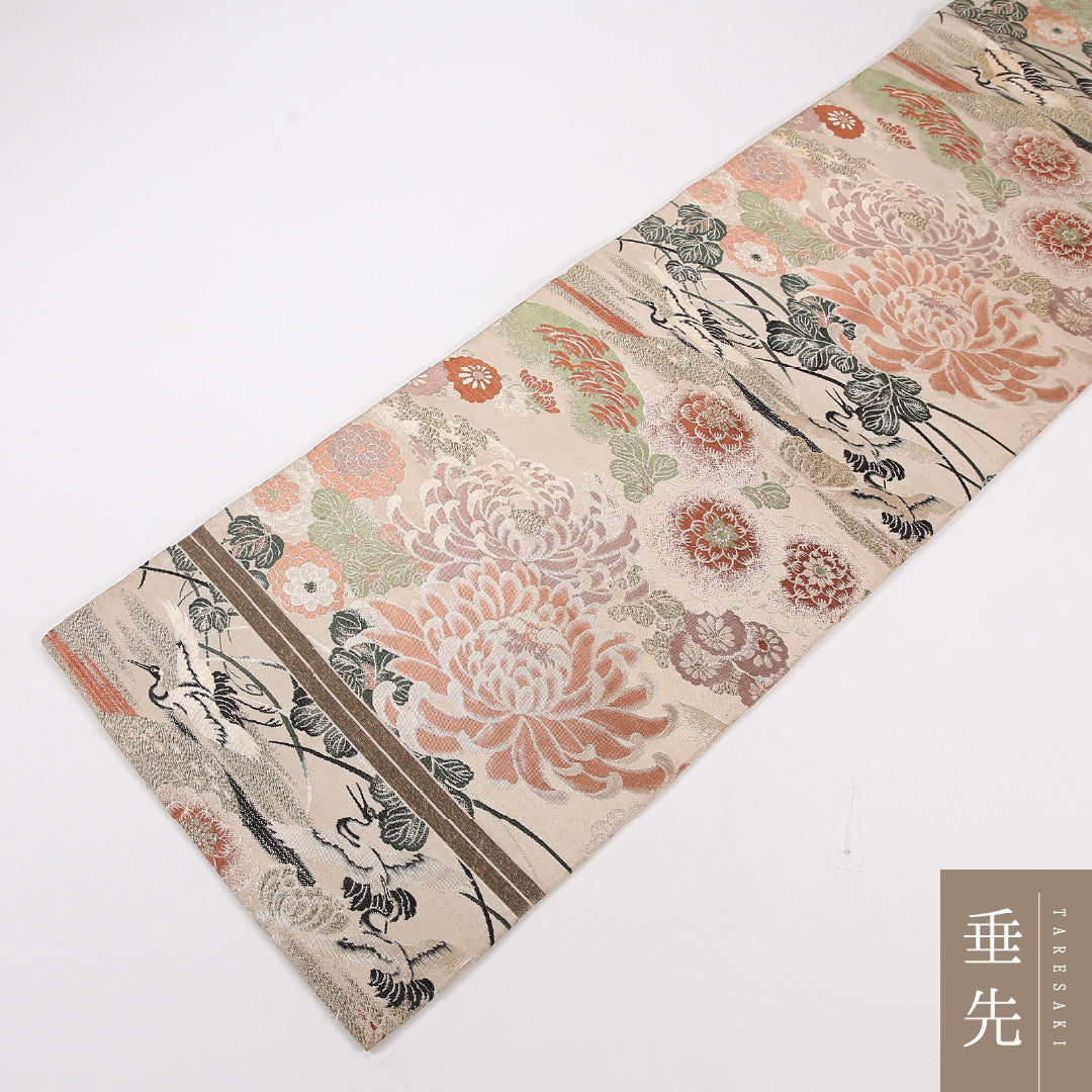アンティーク 丸帯 帯丈372cm 正絹 全通 鶴 菊 ベージュ系 1242-02565