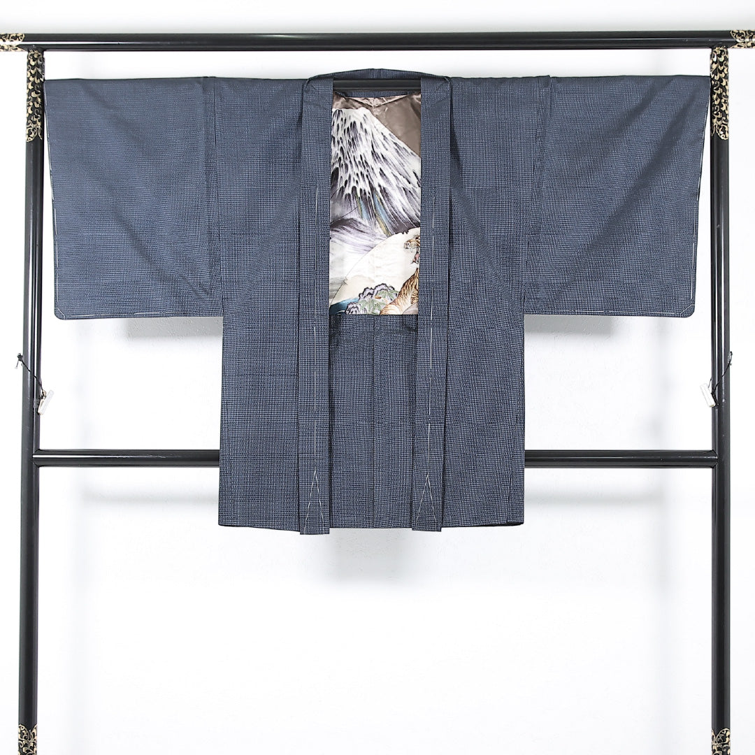 アンサンブル 男着物 (紬) 袷 身丈140cm 裄丈67cm 正絹 Sランク インフォーマル 棒衿 XSサイズ 亀甲 紺系 RP 1224-17369