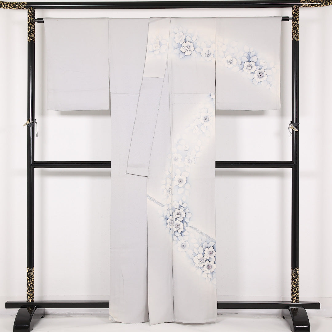 訪問着 単衣 身丈160cm 裄丈60cm 正絹 Bランク セミフォーマル 広衿 Mサイズ 椿 グレー系 RP 1217-17520