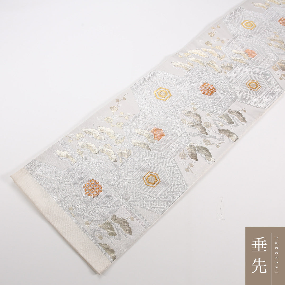 袋帯 帯丈424cm ポリエステル 六通 フォーマル 亀甲 松 クリーム系 1243-02541