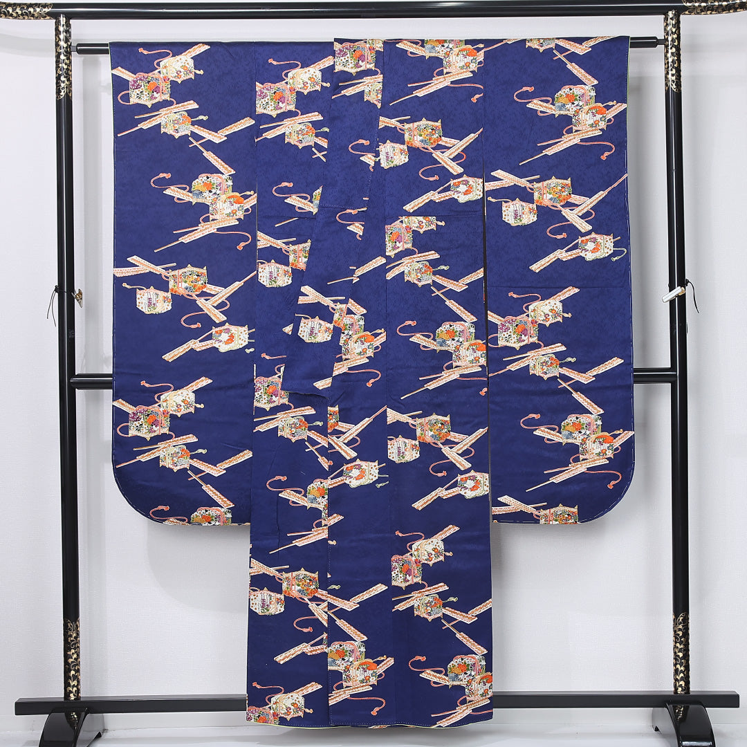 振袖 袷 身丈156cm 裄丈65cm 正絹 Sランク フォーマル 広衿 Mサイズ 玉手箱 紺系 RP 1215-06729