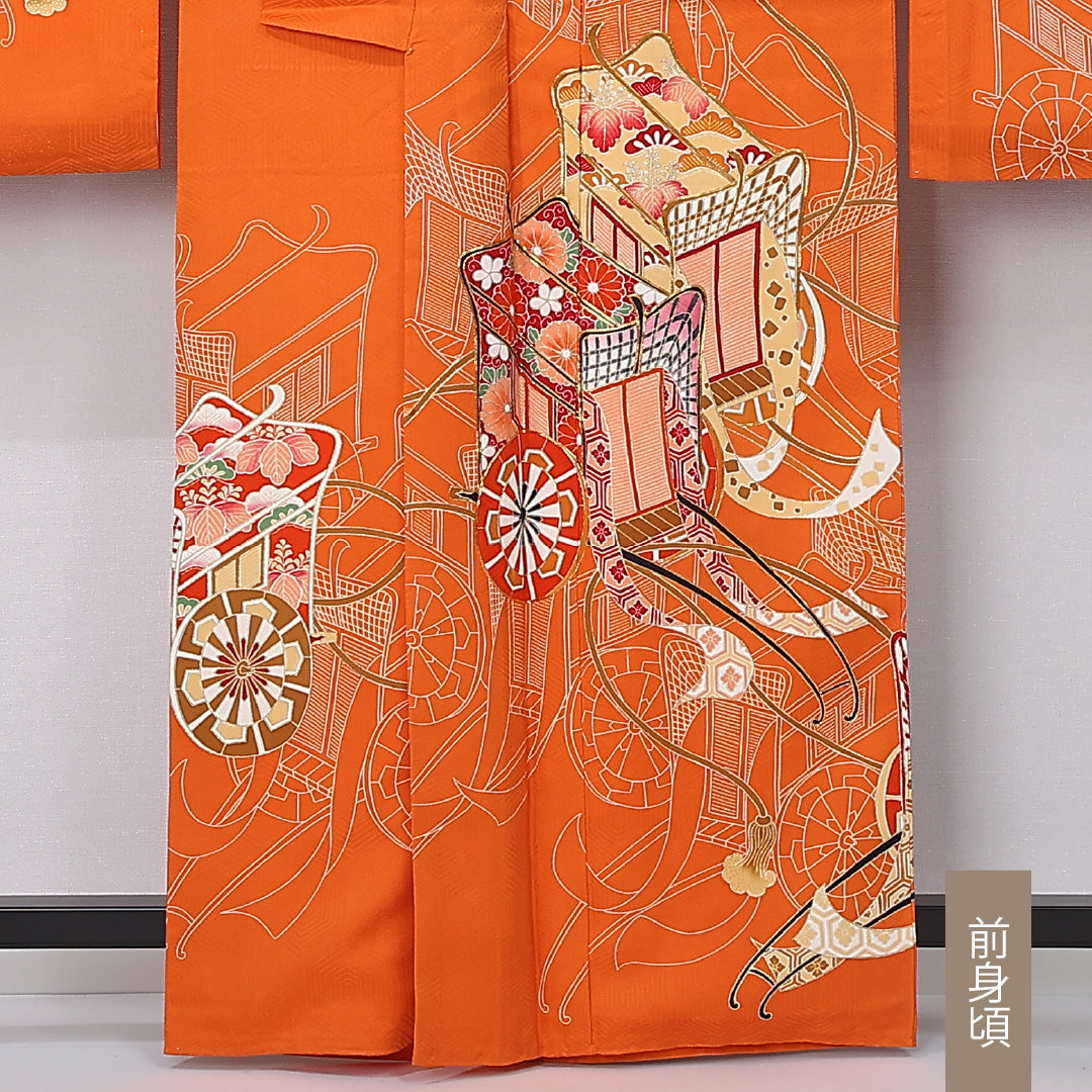 振袖 袷 身丈161cm 裄丈66cm 正絹 Sランク フォーマル 広衿 Lサイズ 御所車 朱系 RP 1215-06764