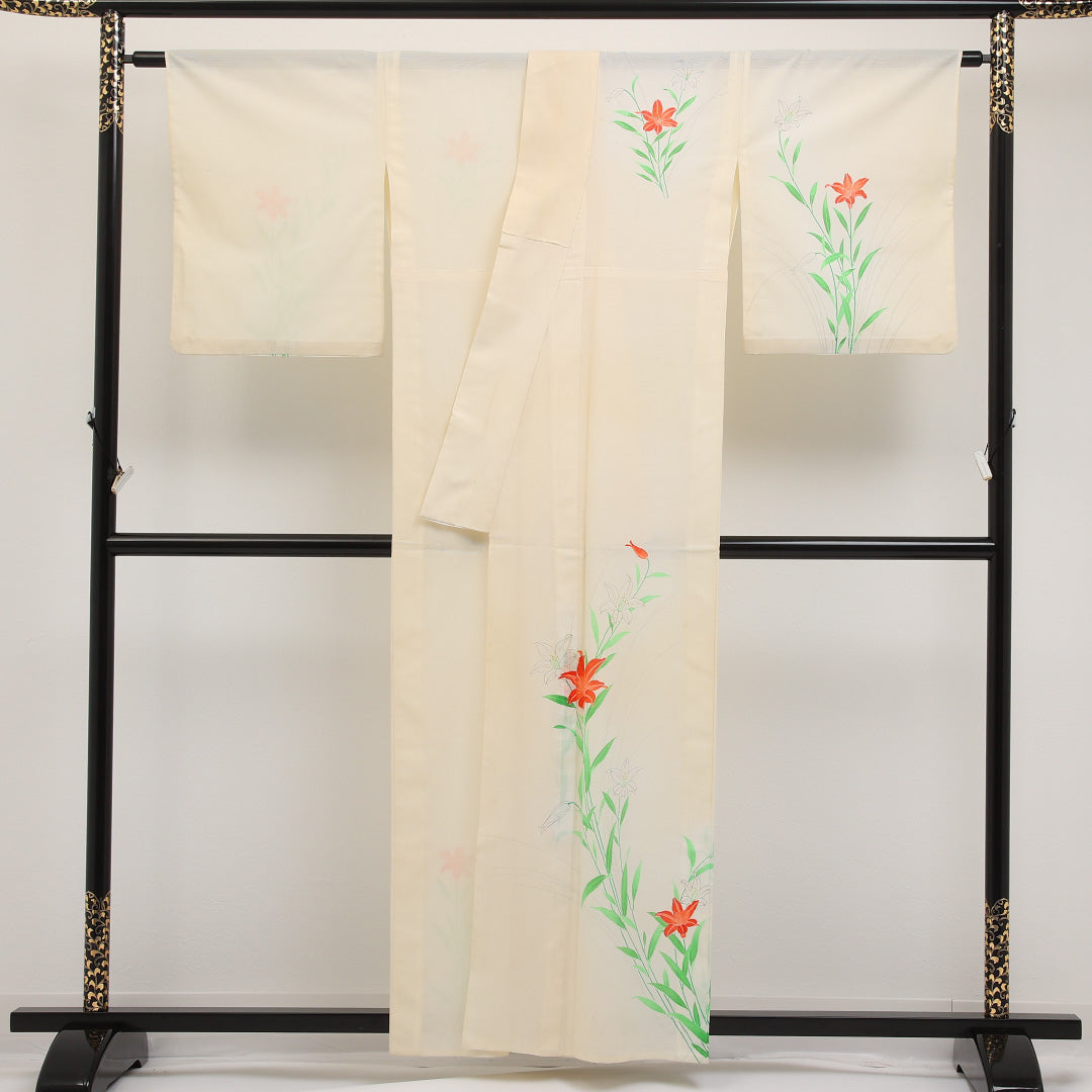 夏物 付下げ 絽 身丈156cm 裄丈66cm 正絹 Cランク インフォーマル 広衿 Lサイズ 百合 クリーム系 LP 1218-17326